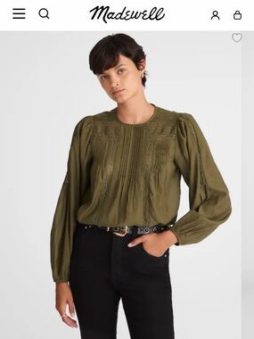 Madewell Olive Pintuck Lace-Trim Blouse